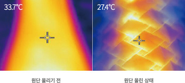 원단 올리기 전 33.7℃ / 원단 올린 상태27.4 ℃